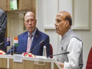 Defence Minister Rajnath Singh with his Australian counterpart Peter Dutton during a joint press statment, at Vigyan Bhawan in New Delhi (Photo: PTI)