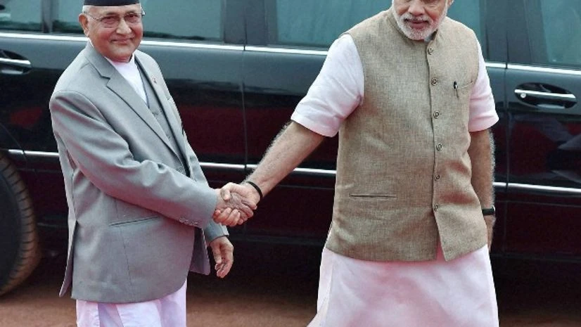 Prime Minister Narendra Modi greets his Nepalese counterpart Khadga Prasad Sharma Oli during a ceremonial reception at Rashtrapati Bhavan in New Delhi Prime Minister Narendra Modi greets his Nepalese counterpart Khadga Prasad Sharma Oli during a ceremonial reception at Rashtrapati Bhavan in New Delhi