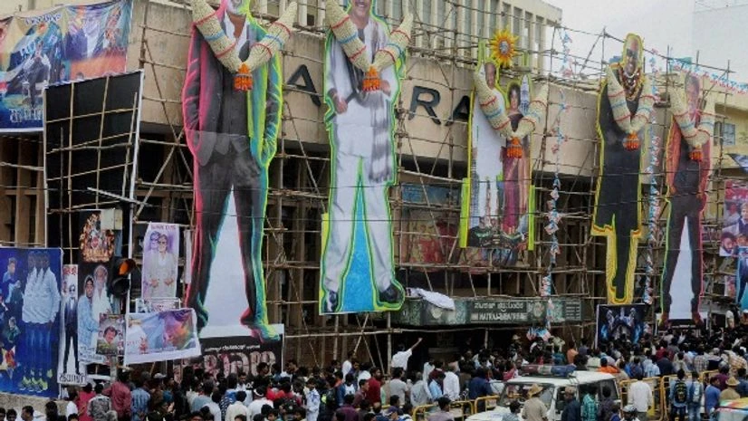 Super star Rajnikanth's posters outside a cinema hall at the release of his new film 'Kabali' in Bengaluru Super star Rajnikanth's posters outside a cinema hall at the release of his new film 'Kabali' in Bengaluru
