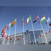 Flags of member nations flap in the wind outside NATO headquarters. Photo: AP/PTI Flags of member nations flap in the wind outside NATO headquarters. Photo: AP/PTI