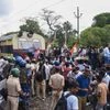 Patna: Security personnel stand guard as independent MP Rajesh Ranjan alias Pappu Yadav with Congress workers and supporters stop a train during a protest amid 'Bihar bandh' called by the INDIA bloc against Special Intensive Revision in the state