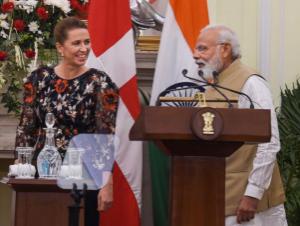 Prime Minister Narendra Modi with Denmark's Prime Minister Mette Frederiksen during their joint statement at Hyderabad House in New Delhi (Photo: PTI)