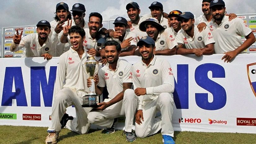 Indian cricketers pose with the trophy after they won the test cricket series against Sri Lanka in Colombo. Indian cricketers pose with the trophy after they won the test cricket series against Sri Lanka in Colombo.