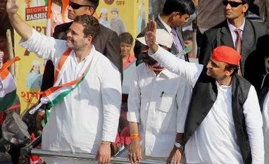 The math game and coalitions: Decoding the campaigns and politics of UP Elections 2017 Congress vice-president Rahul Gandhi and Uttar Pradesh Chief Minister Akhilesh Yadav during a road show campaign in Allahabad on Tuesday.