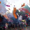 BJP workers burst fire-crackers to celebrate their victory in Gandhinagar