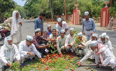 Farmers protest remains peaceful; vegetable prices soar in urban areas Bharatiya Kisan Andolan activists along with the farmers throw tomatoes on a road during a protest various issues of the farmers including their loan waiver, in Meerut on Sunday, June 03, 2018.