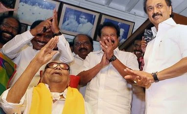DMK attends TN assembly session after 3-day protest over Thoothukudi firing DMK Supremo M Karunanidhi meets his party workers on his 95th birthday outside his residence, in Chennai on Sunday, June 03, 2018. DMK Working President MK Stalin is also seen