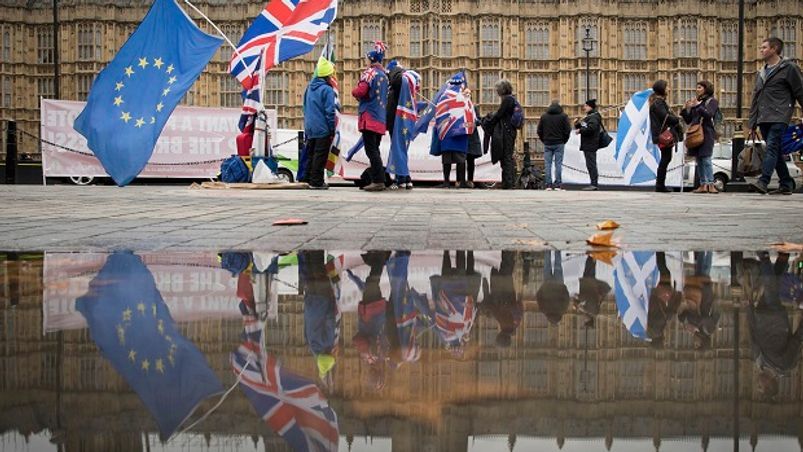 Anti Brexit demonstrators protest outside the Houses of Parliament in London Anti Brexit demonstrators protest outside the Houses of Parliament in London
