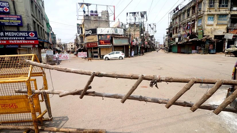 lockdown A deserted view of Aminabad Market during the total lockdown imposed by the state government for three consecutive days due to surge in COVID-19 cases, in Lucknow on Saturday.