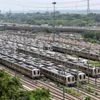 Metro trains parked at a yard as Metro services are suspended following the outbreak of Covid-19 pandemic in New Delhi on Thursday. Photo: ANI