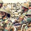 Indian troops seen as Defence Minister Rajnath Singh addresses at Lukung in Leh on Friday.