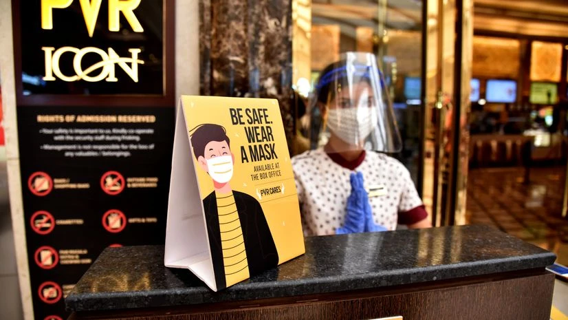 PVR Cinemas PVR Cinemas employee wearing face shield and facemask seen at PVR ICON, DLF Promenade Mall, Vasant Kunj, in New Delhi on Friday.