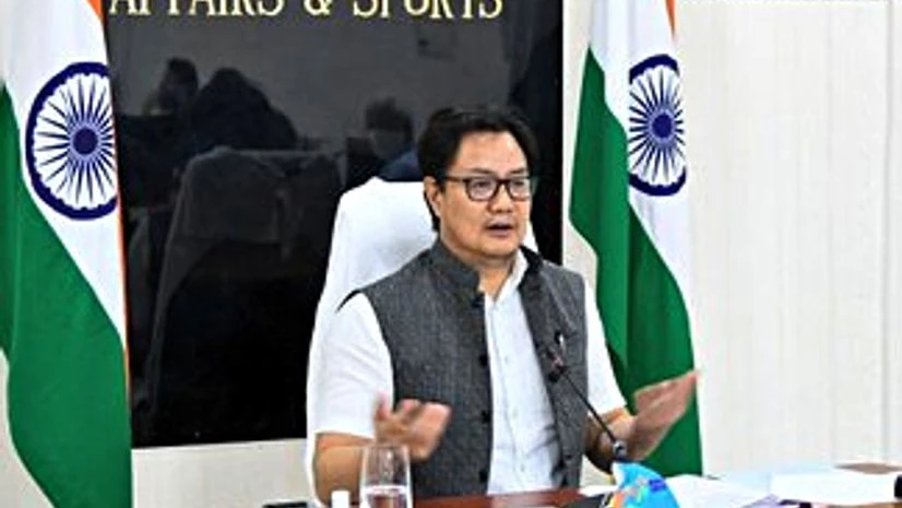 Kiren Rijiju Union Minister of Sports and Youth Affairs Kiren Rijiju addresses as Sports Ministers of BRICS (Brazil, Russia, India, China & South Africa) nations met via video conference to assess the impact of COVID-19 on sports, in New Delhi.