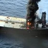 Smoke and Flame coming out of oil tanker container 'MT New Diamond' as ICG ships Shaurya, Sarang, Samudra Paheredar & Dornier aircraft engaged in fire fighting on oil tanker 37 nautical miles east off Sri Lanka coast on Thursday.