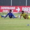 MS Dhoni, captain of Chennai Super Kings, with teammates during the practice session.