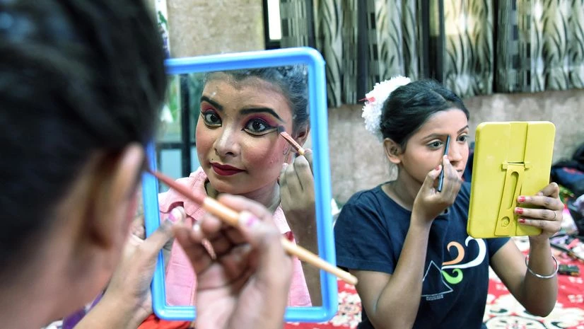 Ramlila Artist getting ready to perform on stage of a Ramlila for Virtual telecast at IP Extension in New Delhi on Friday.