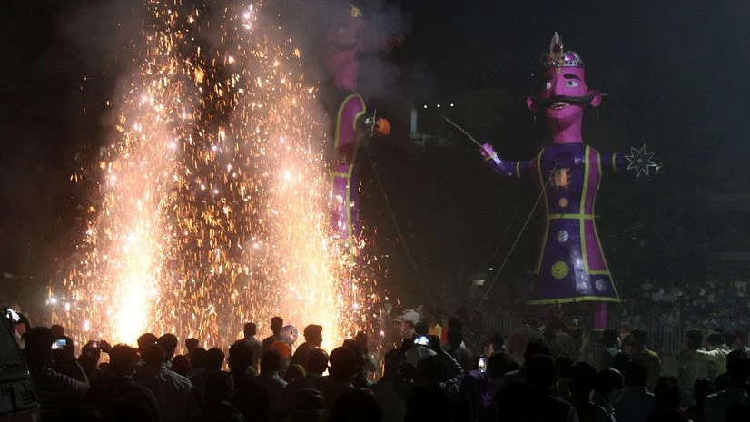 Effigy, Ravana, Dussehra A view of burning of the effigy of Ravana, stuffed with fire-crackers, at an event marking the festival of Dussehra at a new colony, Dussehra Ground, in Gurugram on Sunday.