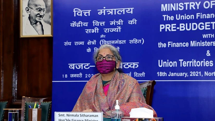 Nirmala Sitharaman, Pre-Budget Union Finance Minister Nirmala Sitharaman holds Pre-Budget meeting for upcoming Budget 2021-22 with Finance Ministers of all States and Union Territories (with legislature) through video conferencing in New Delhi on Monday.