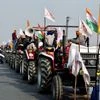 Tractors are seen during farmers' rally against the new farm laws at Mukarba Chowk near Singhu border in New Delhi