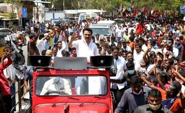 MK Stalin's wife, son campaign for DMK ahead of Tamil Nadu Assembly polls Dravida Munnetra Kazhagam (DMK) party president M.K. Stalin gestures to supporters during a rally after filing his nomination ahead of Tamil Nadu state legislative assembly elections, in Chennai on Monday.