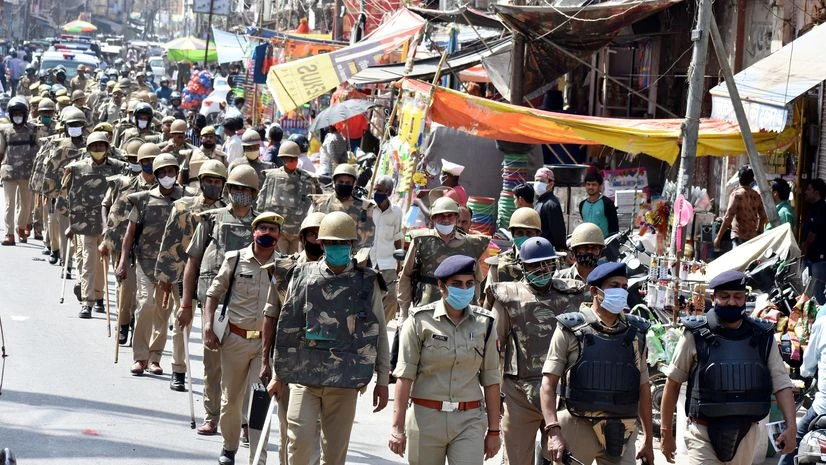 Holi festival Police personnel deployed on duty ahead of the upcoming Holi festival, in Prayagraj on Saturday.