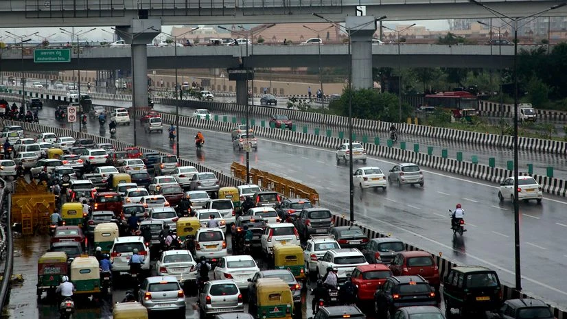 Delhi rain Vehicles stuck in a traffic jam due to rainfall at Delhi-Meerut Expressway, in New Delhi on Tuesday.
