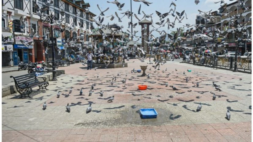Lal Chowk Srinagar Srinagar: Pigeons fly at the Lal Chowk during a strike in support of JKLF chief Yasin Malik, in Srinagar, Wednesday, May 25, 2022. The main city of Srinangar closed down with paramilitary and police deployed in full strength as the Patiala court in D