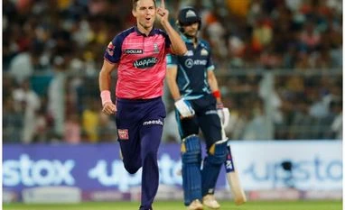 Trent Boult Kolkata: Trent Boult of Rajasthan Royals celebrates the wicket of Wriddhiman Saha of Gujarat Titans, during the Indian Premier League 2022 Qualifier 1 cricket match between Gujarat Titans and Rajasthan Royals, at Eden Gardens in Kolkata, Tuesday, May
