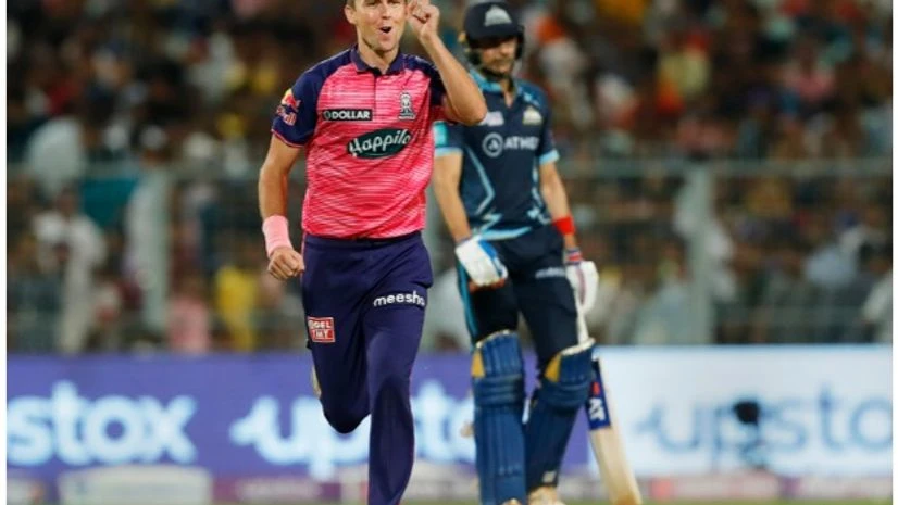 Trent Boult Kolkata: Trent Boult of Rajasthan Royals celebrates the wicket of Wriddhiman Saha of Gujarat Titans, during the Indian Premier League 2022 Qualifier 1 cricket match between Gujarat Titans and Rajasthan Royals, at Eden Gardens in Kolkata, Tuesday, May
