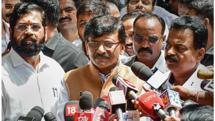 Sanjay Raut Mumbai: Shiv Sena MP Sanjay Raut speaks to media after filing nomination for Rajya Sabha member, in Mumbai, Thursday, May 26, 2022. State PWD minister Eknath Shinde is also seen. (PTI Photo)(