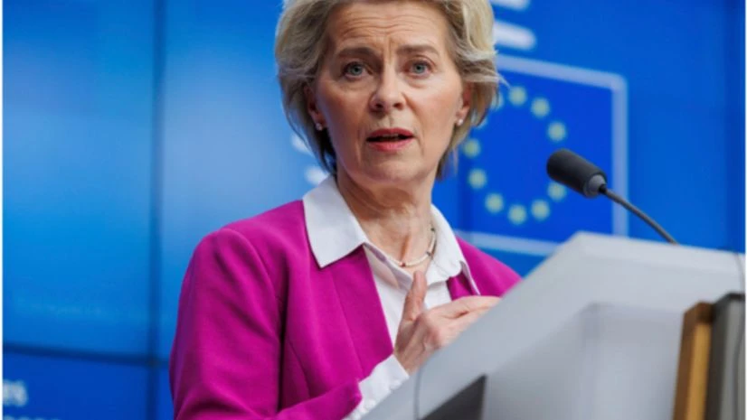 Ursula von der Leyen European Commission President Ursula von der Leyen talks with the press after an extraordinary meeting of EU leaders to discuss Ukraine, energy and food security at the Europa building in Brussels, Monday, May 30, 2022. European Union leaders agreed