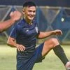 Kolkata: Indian National team footballer Sunil Chhetri warms up during a training session on the eve of their match against Cambodia during AFC Asian cup 2023 Qualifiers final round match at VYBK Stadium, in Kolkata, Tuesday, June 7, 2022. (PTI Photo