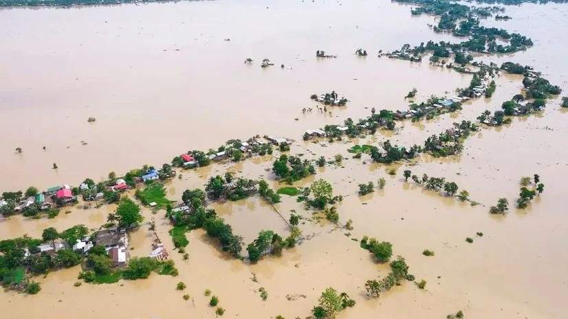 assam flood An aerial view of the flood-affected areas of Assam following heavy rainfall, on Monday. (ANI Photo)