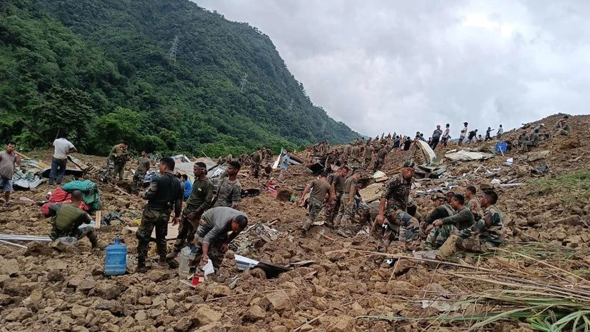 Rescue operations underway after a massive landslide struck the Tupul railway construction camp, in Noney on Thursday. (Photo: ANI) Rescue operations underway after a massive landslide struck the Tupul railway construction camp, in Noney on Thursday. (Photo: ANI)