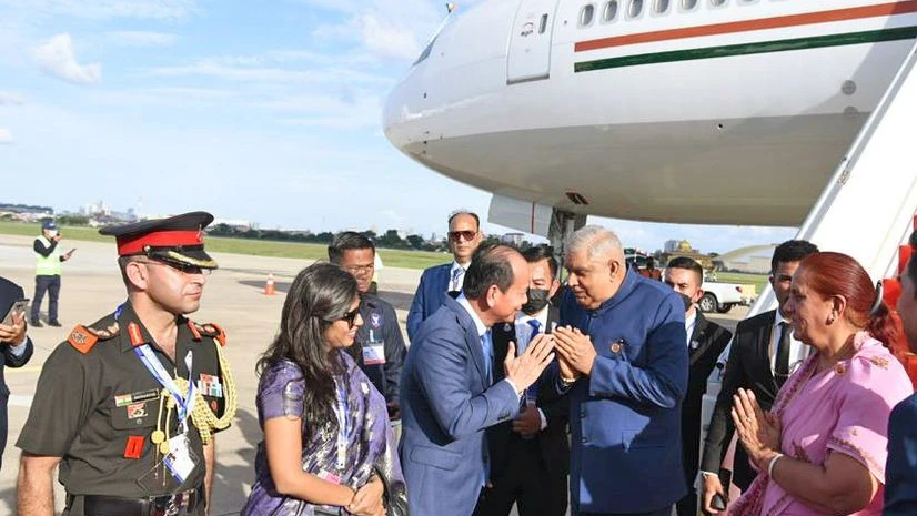 Vice President Jagdeep Dhankhar and his wife Sudesh Dhankhar being welcomed by Cambodia's Minister of Post and Telecommunications Chea Vandeth and Ambassador of India to Cambodia Devyani Uttam Khobragade upon their arrival at Phnom Penh Internationa Vice President Jagdeep Dhankhar and his wife Sudesh Dhankhar being welcomed by Cambodia's Minister of Post and Telecommunications Chea Vandeth and Ambassador of India to Cambodia Devyani Uttam Khobragade upon their arrival at Phnom Penh Internationa