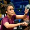 Table tennis player Manika Batra in action during her singles match at the 36th National Games, at Indoor Stadium, in Surat on Friday.