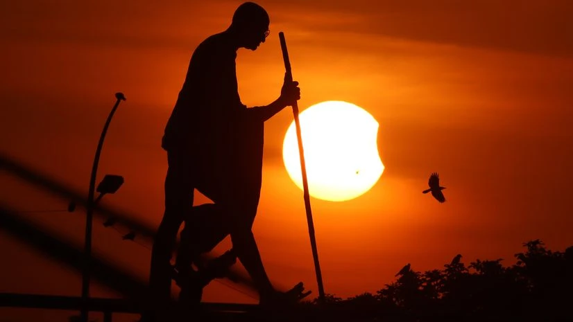 Silhouette of the statue of Mahatma Gandhi seen at Marina Beach, in Chennai. (Photo: ANI) Silhouette of the statue of Mahatma Gandhi seen at Marina Beach, in Chennai. (Photo: ANI)