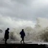 People stand on Kasimedu fishing harbour being hit by the high tides due to the strong winds triggered by Cyclone Mandous, in Chennai on Friday.