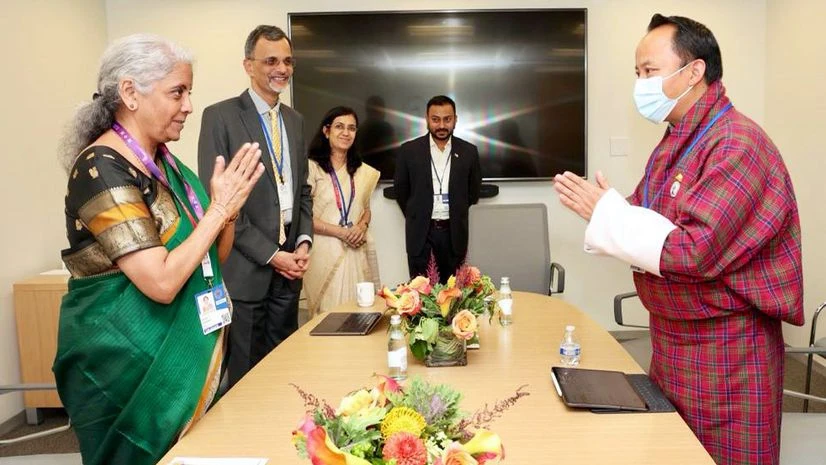 Union Finance Minister Nirmala Sitharaman meets with Bhutan Finance Minister Lyonpo Namgay Tshering on the sidelines of the IMF-WB Annual Meetings, in Washington DC on Wednesday. Union Finance Minister Nirmala Sitharaman meets with Bhutan Finance Minister Lyonpo Namgay Tshering on the sidelines of the IMF-WB Annual Meetings, in Washington DC on Wednesday.