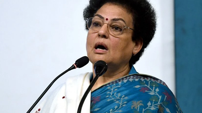 National Commission for Women (NCW) chairperson Rekha Sharma addresses the National Seminar on Anti Human Trafficking, at Sher-i-Kashmir International Convention Centre (SKICC) located on the banks of Dal Lake, in Srinagar on Thursday. National Commission for Women Chairperson Rekha Sharma
