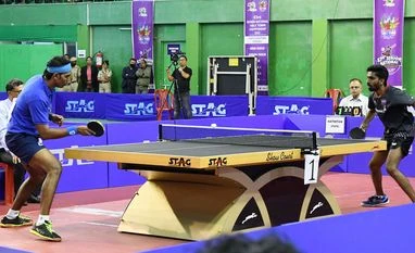 Sharath Kamal of PSPB and Sathiyan Gnanasekaran of PSPB in action during the final of the 83rd National Table Tennis Championships (Mens), at SAI Centre, NEHU in Shillong on Monday. Sharath Kamal wins the match. Sharath Kamal and Sathiyan Gnanasekaran