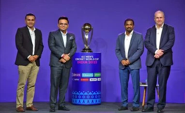 IND vs PAK 2023: Changes in ODI World Cup schedule on cards - Jay Shah Former cricketers Virender Sehwag and Muttiah Muralitharan along with ICC CEO Geoff Allardyce and BCCI Secretary Jay Shah pose for a photo with the ICC Men's Cricket World Cup trophy during the press conference regarding the announcement of the tour