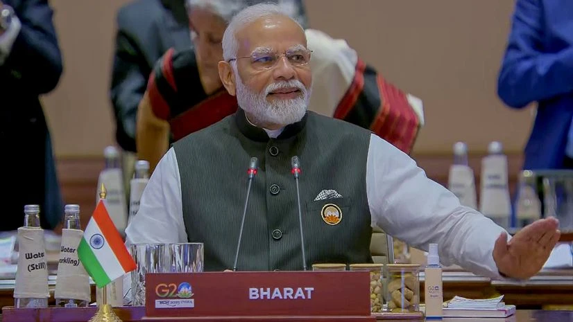 Prime Minister Narendra Modi announces adoption of G20 Leaders' Summit Declaration during the Summit's Session-1 on 'One Earth', at Bharat Mandapam of Pragati Maidan in New Delhi on Saturday. Prime Minister Narendra Modi announces adoption of G20 Leaders' Summit Declaration during the Summit's Session-1 on 'One Earth', at Bharat Mandapam of Pragati Maidan in New Delhi on Saturday.
