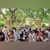 Only those who took part in the procession from the Upasana Griha were allowed to enter Rabindra Bhavana complex on Rabindranath Tagore's birth anniversary, at Santiniketan, in Birbhum on Tuesday. Procession to enter Rabindra Bhavana complex on Rabindranath Tagore's birth anniversary, at Santiniketan (Photo: ANI))