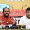 BJP Lok Sabha MP Ramesh Bidhuri with . party in-charge of northwest Delhi unit Yogendra Chandolia addresses the press conference on filing a complaint  AAP leaders at anti corruption bureau office, at Delhi BJP office (Photo: ANI)
